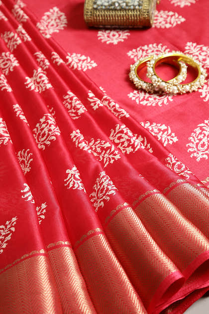 Venetian Red Color Block Printed Cotton Silk Saree
