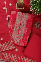 Rani Cotton Bandhani Printed & Neck Embroidered Unstitched Suit