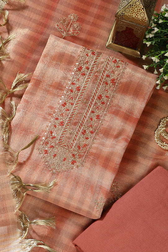 Peach Tissue Silk Zari And Resham Embroidered Unstitched Suit Material