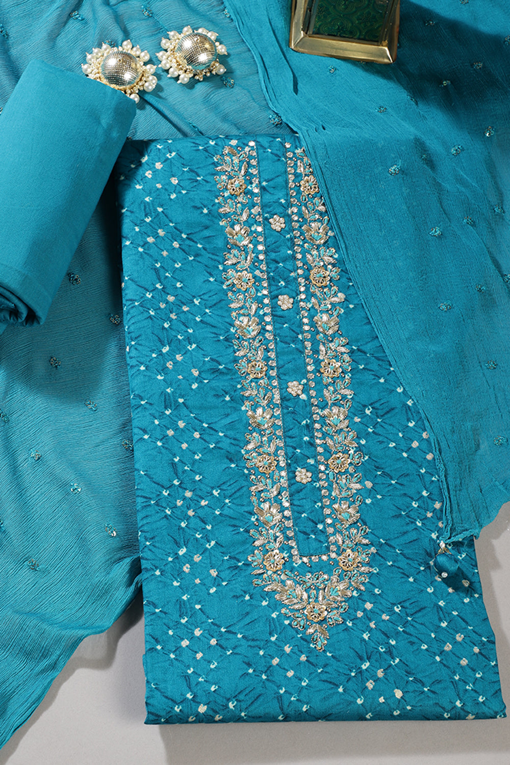 Teal Blue Cotton Neck Zardozi Embroidered & Shibori Printed Unstitched Suit Fabric