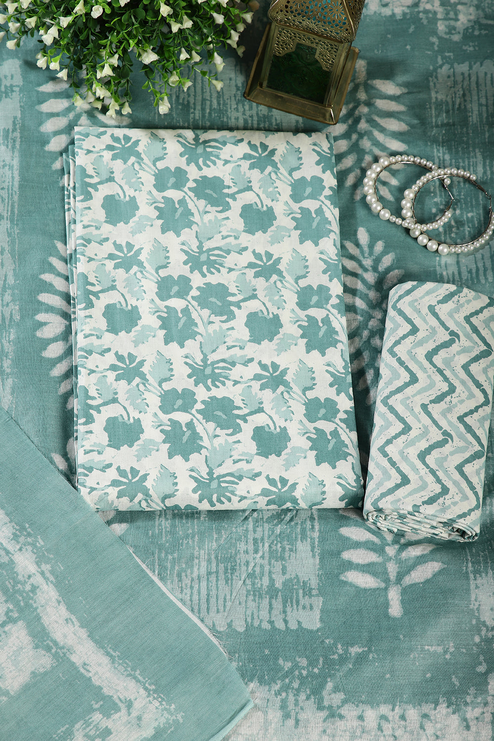 Rama Green Color Cotton Printed Unstitched Suit