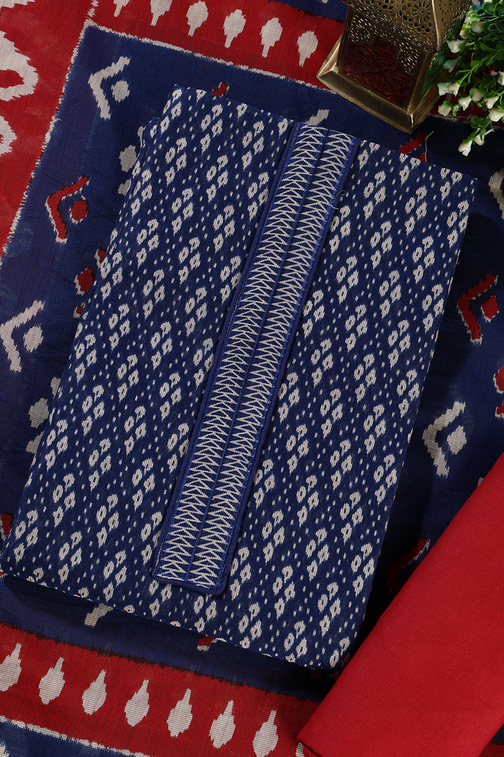 Navy Ikkat Cotton Printed Unstitched Suit Material