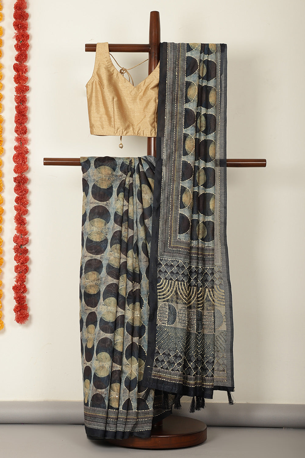 Black & Navy Cotton Block Printed Saree