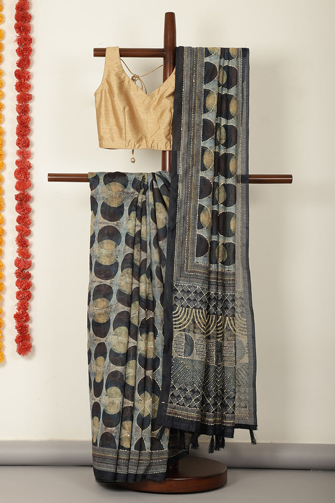 Black & Navy Cotton Block Printed Saree