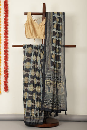 Black & Navy Cotton Block Printed Saree