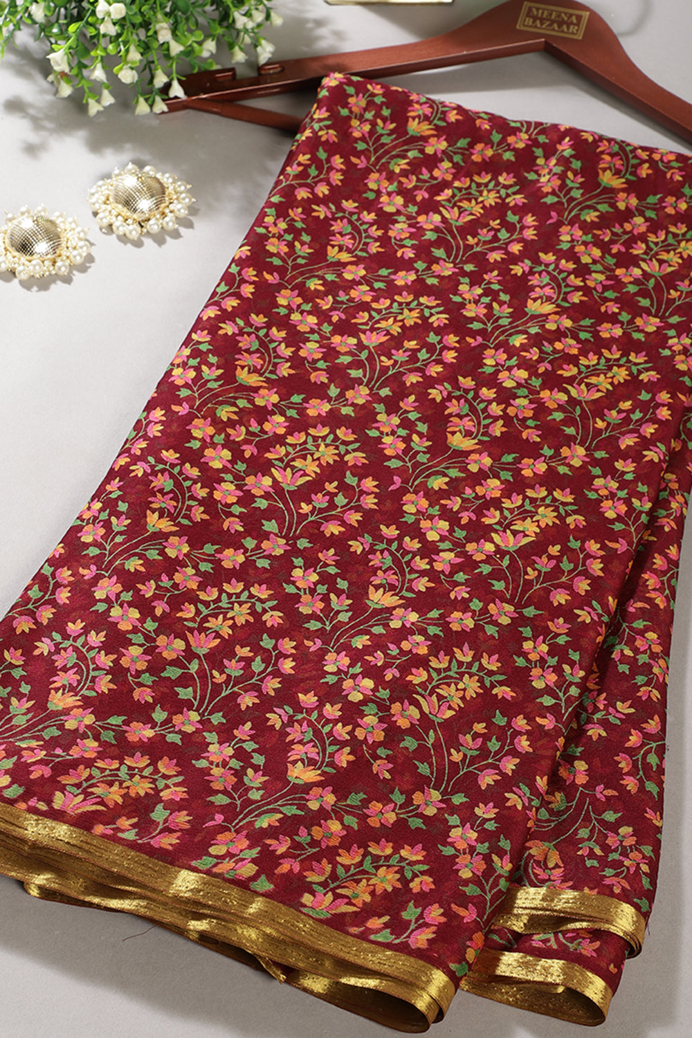 Wine Color Chiffon Floral Zari Border Printed Saree