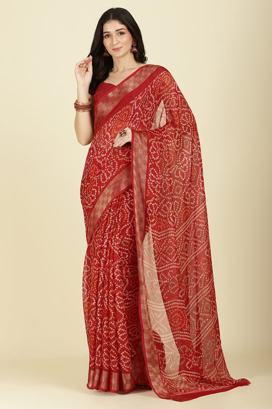 Maroon Color Chiffon Bandhani Printed Saree