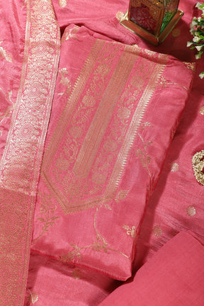 Hot Pink Banarsi Floral Woven Silk Unstitched Suit