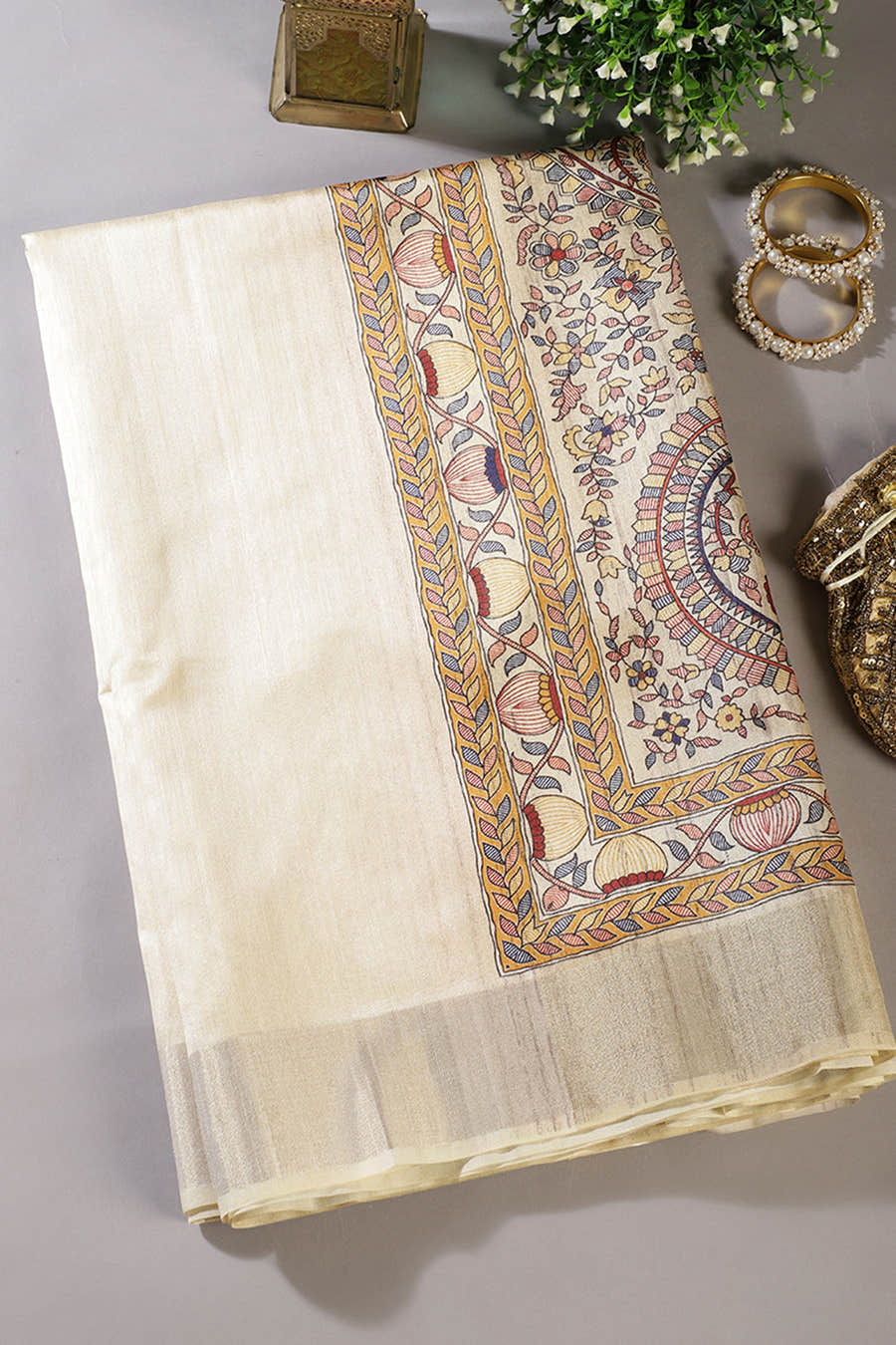Cream Cotton Silk Madhubani Print Saree