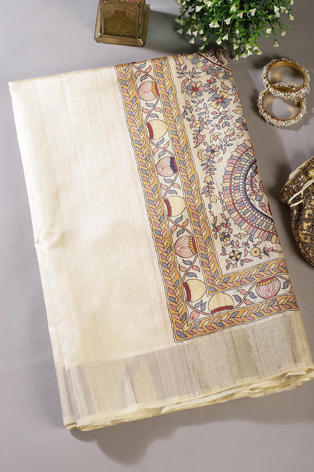 Cream Cotton Silk Madhubani Print Saree
