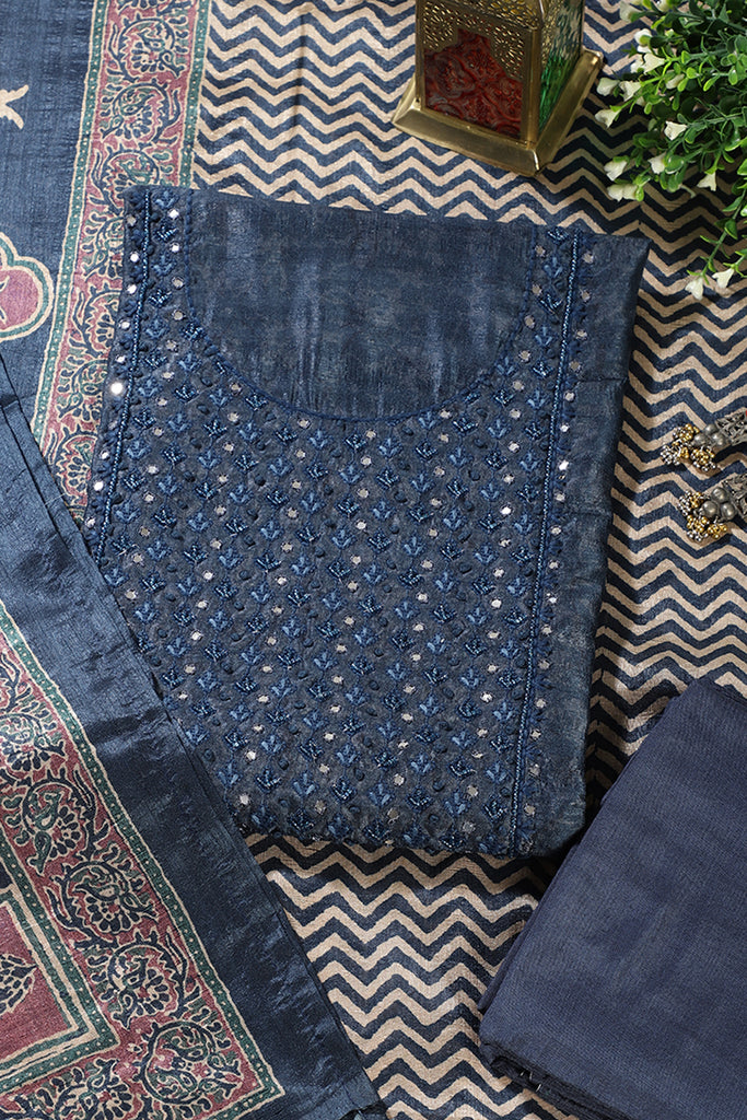 Navy Tissue Silk Mirror & Resham work Unstitched Suit Material
