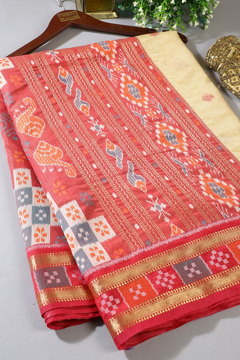 Beige Tussar Silk Reham Woven Saree
