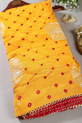 Mustard Color Bandhej Modal Silk Zari Woven Saree