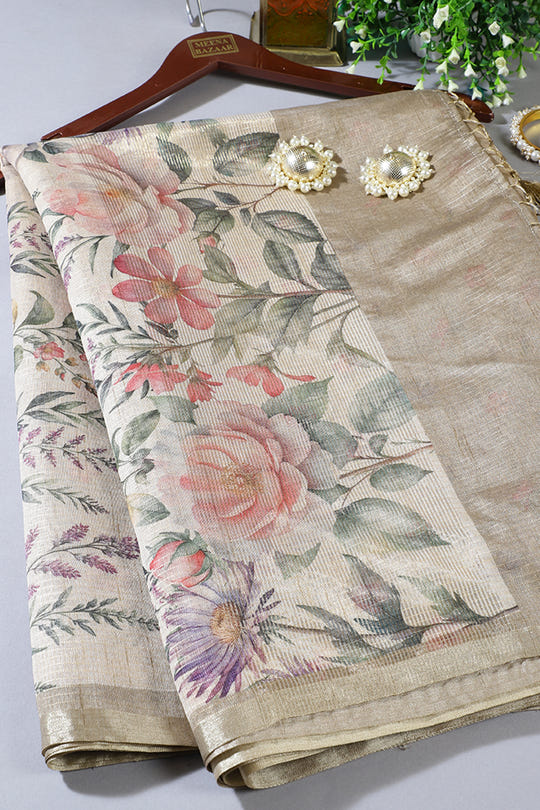 Beige Metallic Tissue Floral Printed Saree