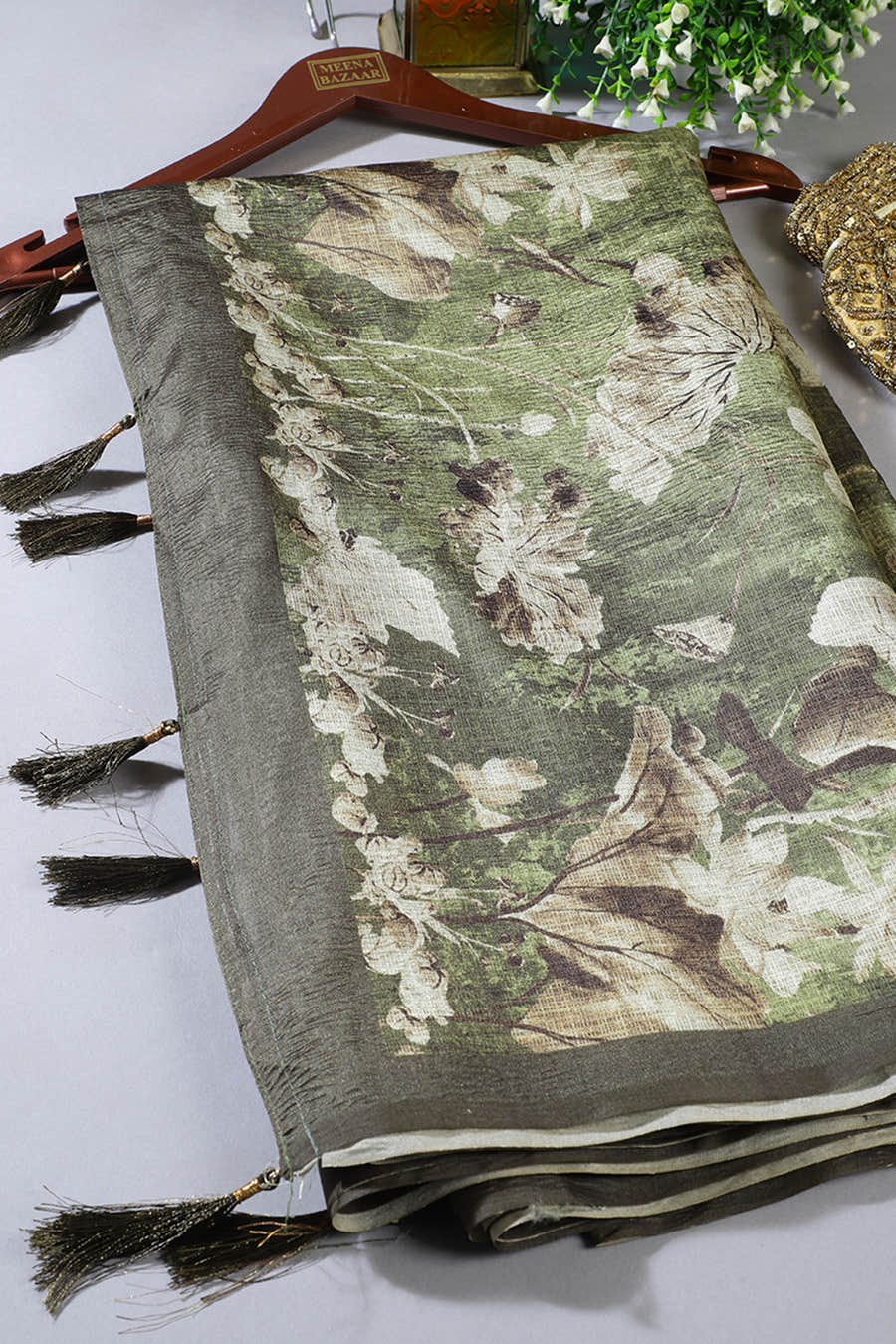 Olive Green Tussar Silk Floral Printed Saree