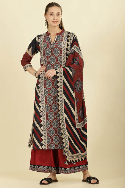 Maroon Muslin Ajrakh Printed Suit with Palazzo
