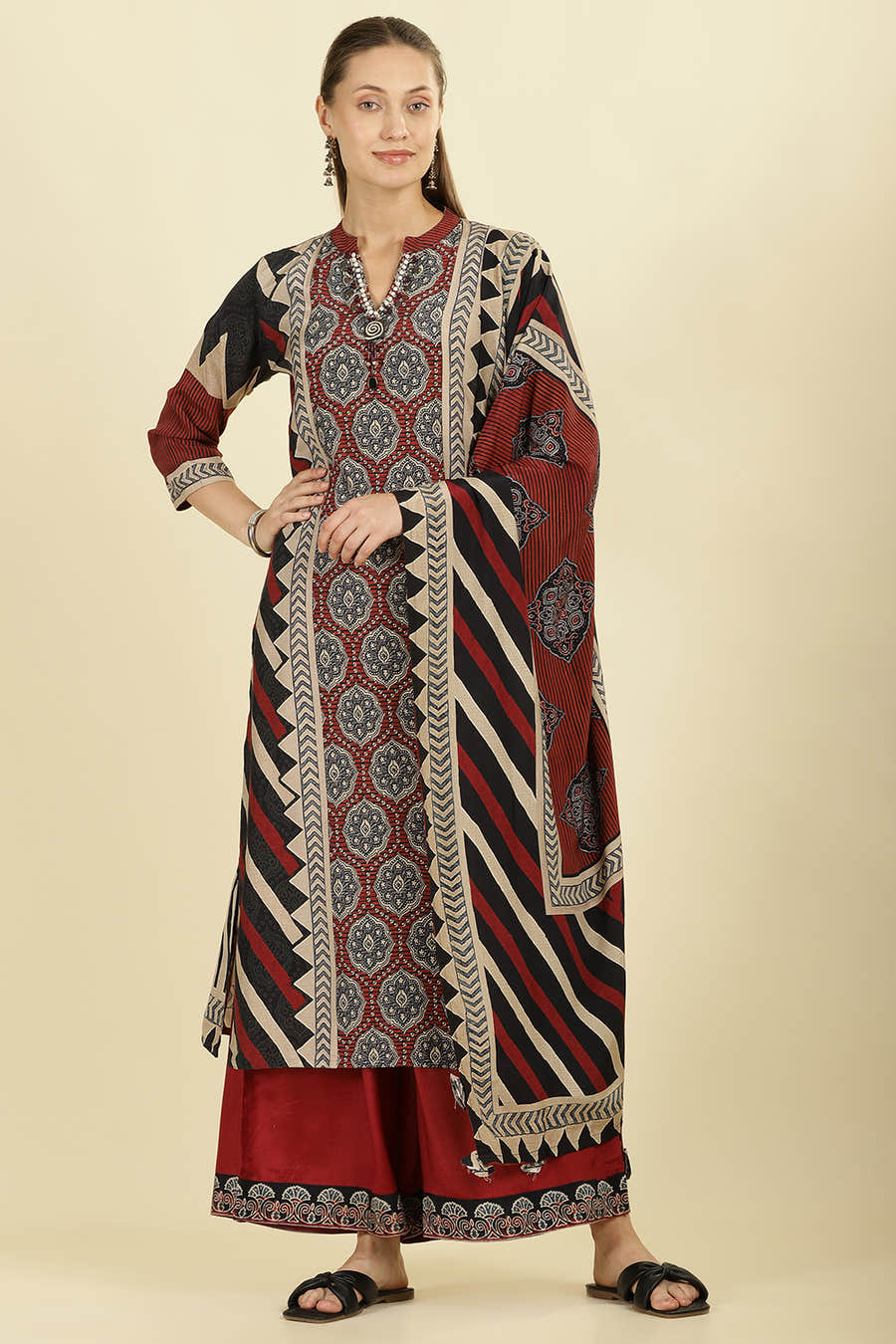 Maroon Muslin Ajrakh Printed Suit with Palazzo