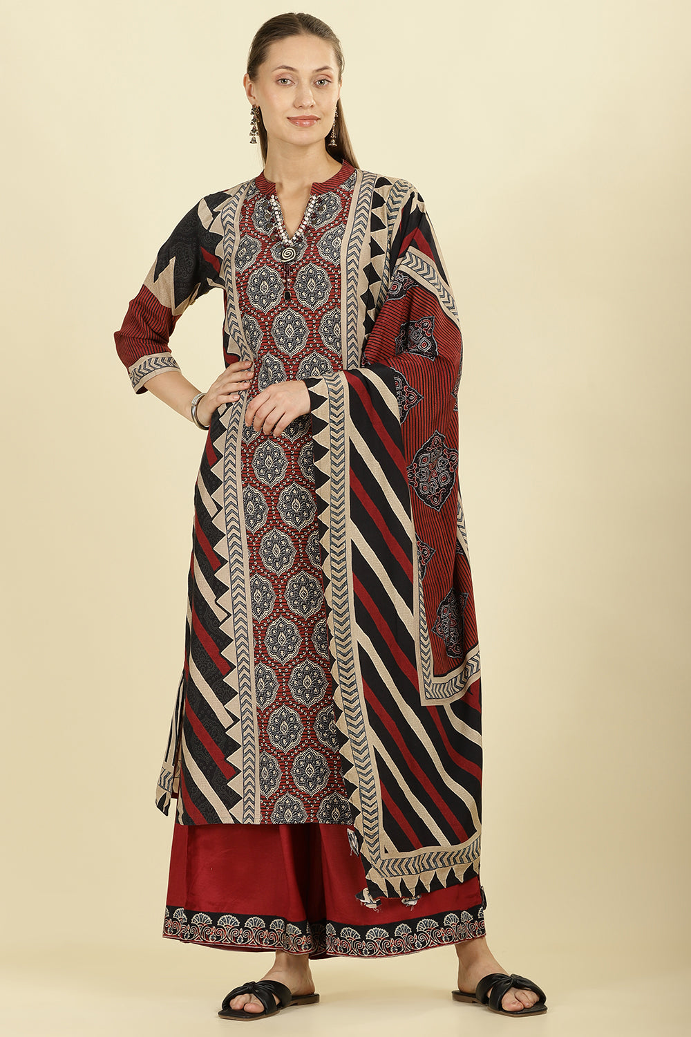 Maroon Muslin Ajrakh Printed Suit with Palazzo