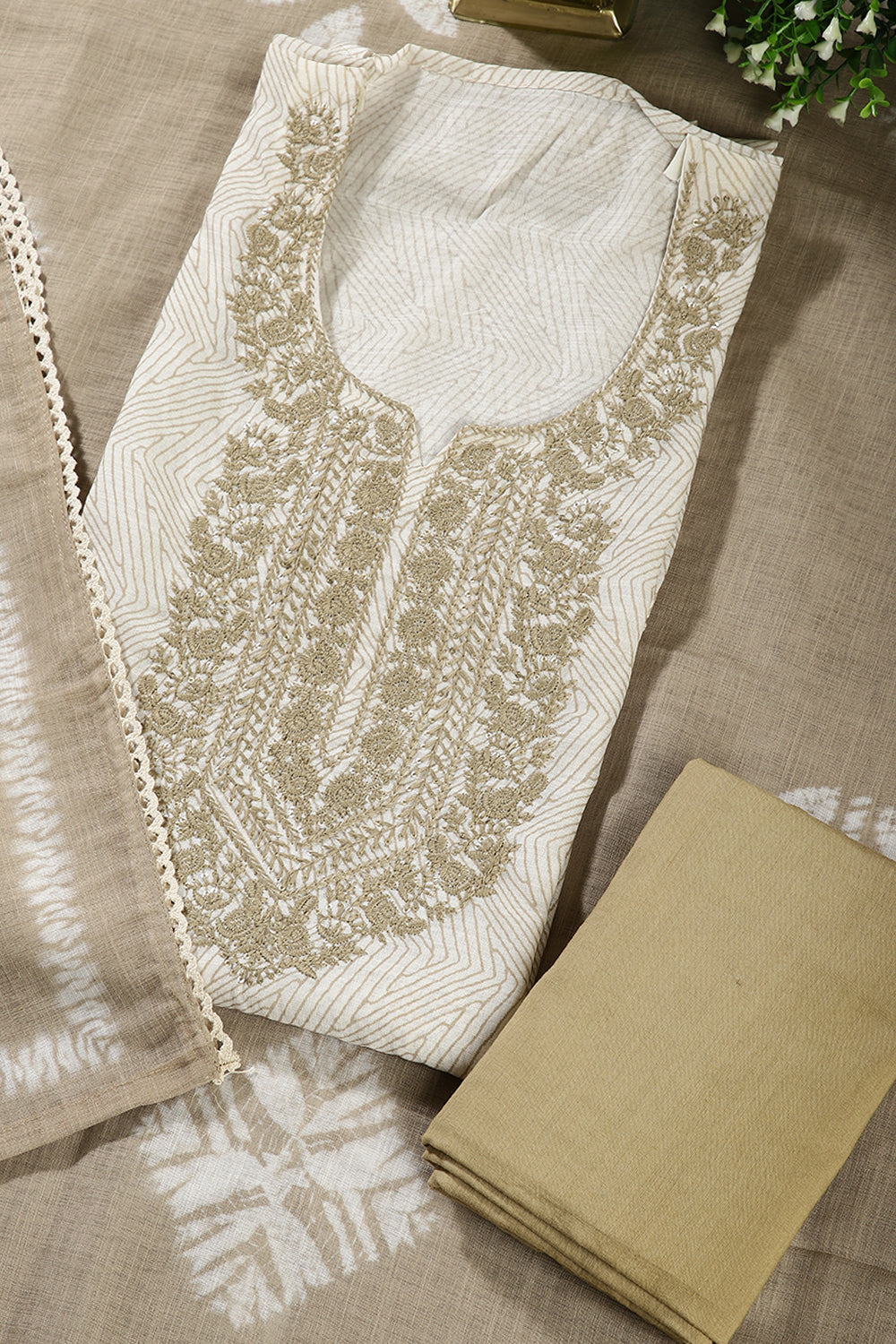 Cream Colour Cotton Printed & Resham Neck Embroidered Unstitched Suit