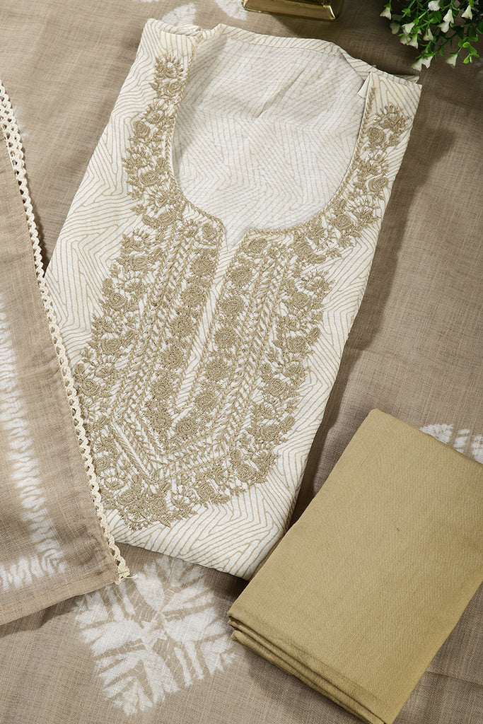 Cream Colour Cotton Printed & Resham Neck Embroidered Unstitched Suit