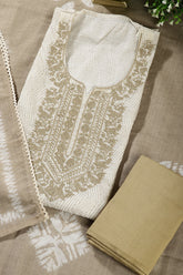 Cream Colour Cotton Printed & Resham Neck Embroidered Unstitched Suit