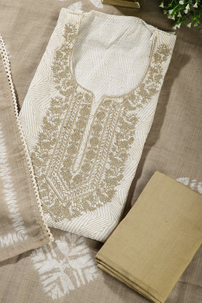 Cream Colour Cotton Printed & Resham Neck Embroidered Unstitched Suit