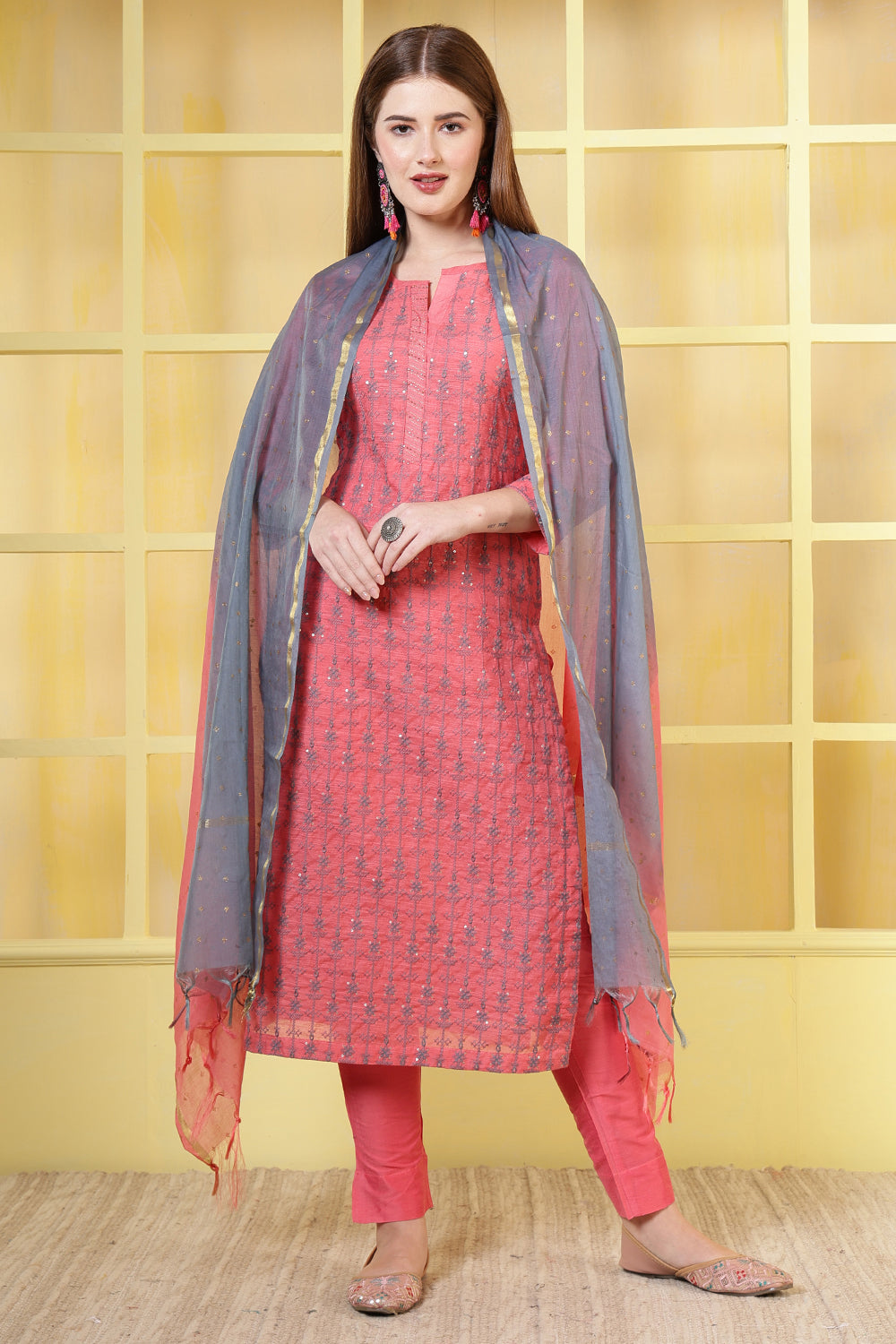 Coral Pink Chanderi Cotton Resham Embroidered Suit