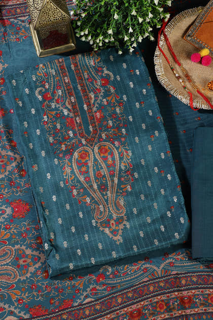 Blue Zari Woven And Printed Silk Unstitched Suit Material