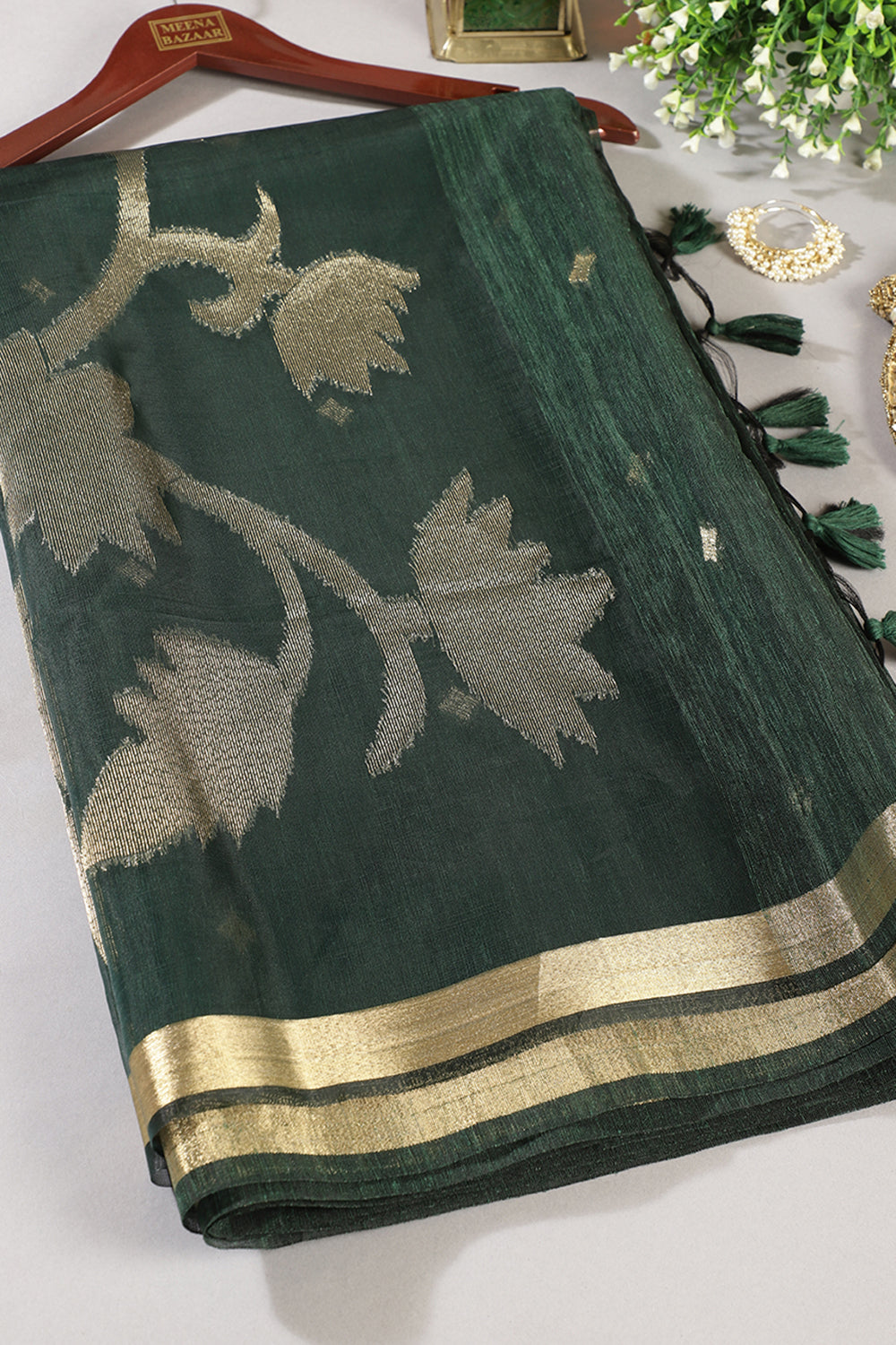 Bottle Green Tussar Silk Floral Zari Woven Saree
