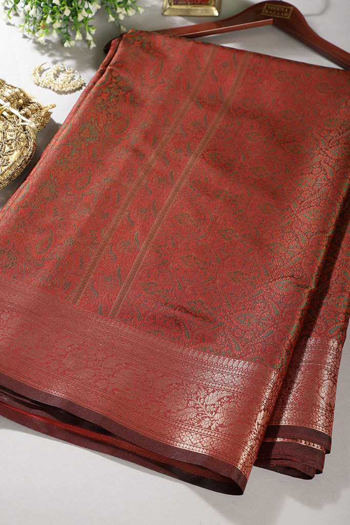 Maroon Paper Silk Floral and Paisley Resham & Zari Woven Saree
