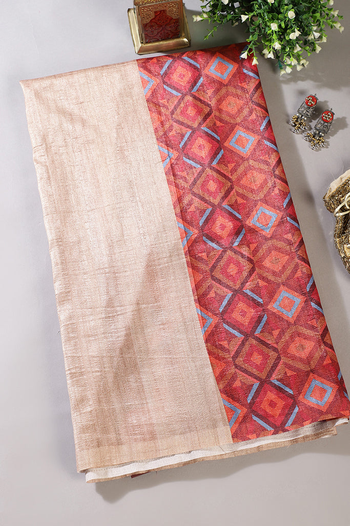 Beige Printed Tussar Silk Saree