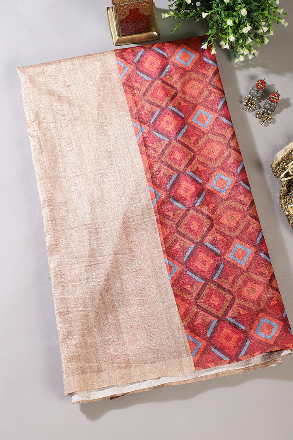 Beige Printed Tussar Silk Saree