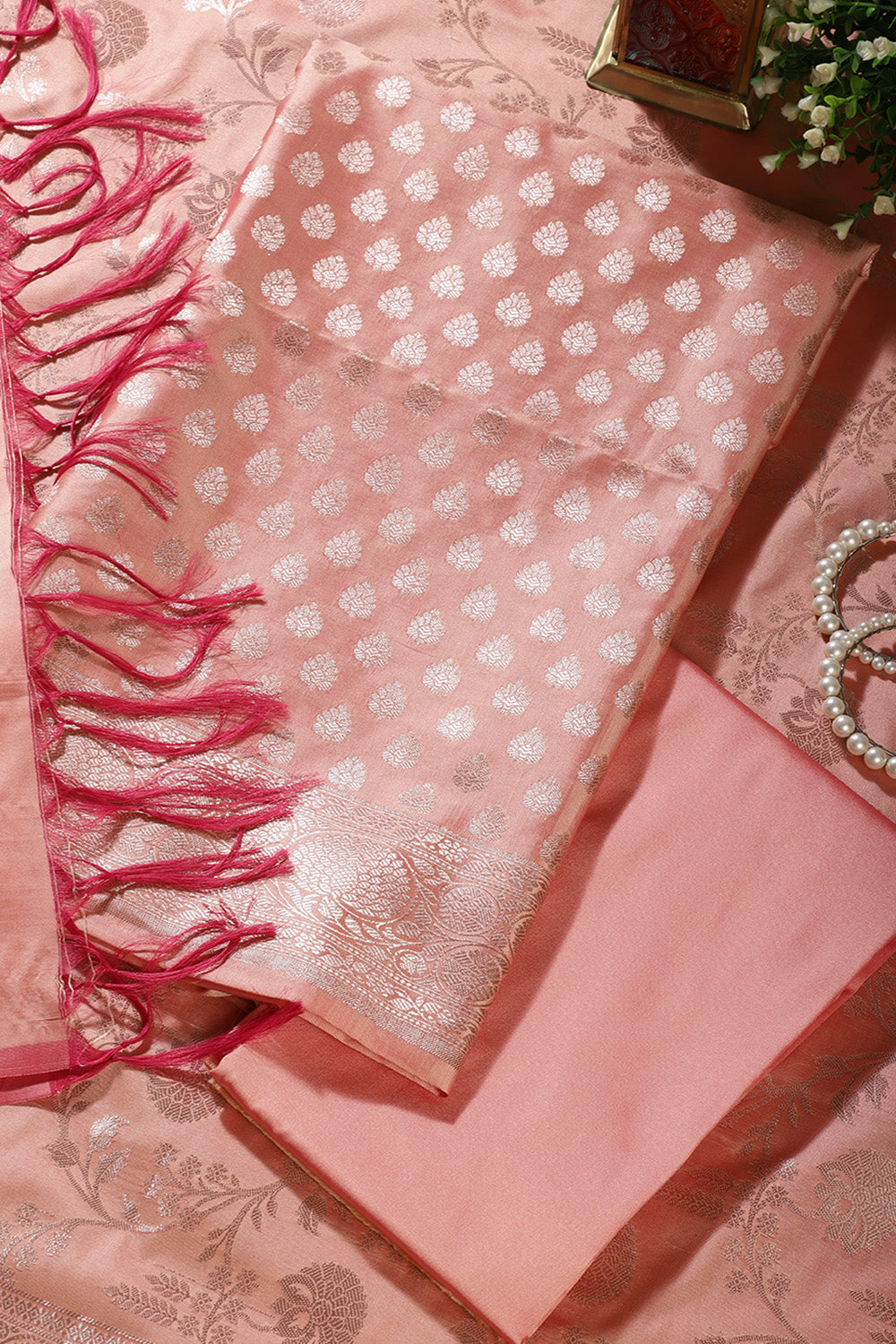 Peach Silk Buta Motifs Woven Unstitched Suit Fabric