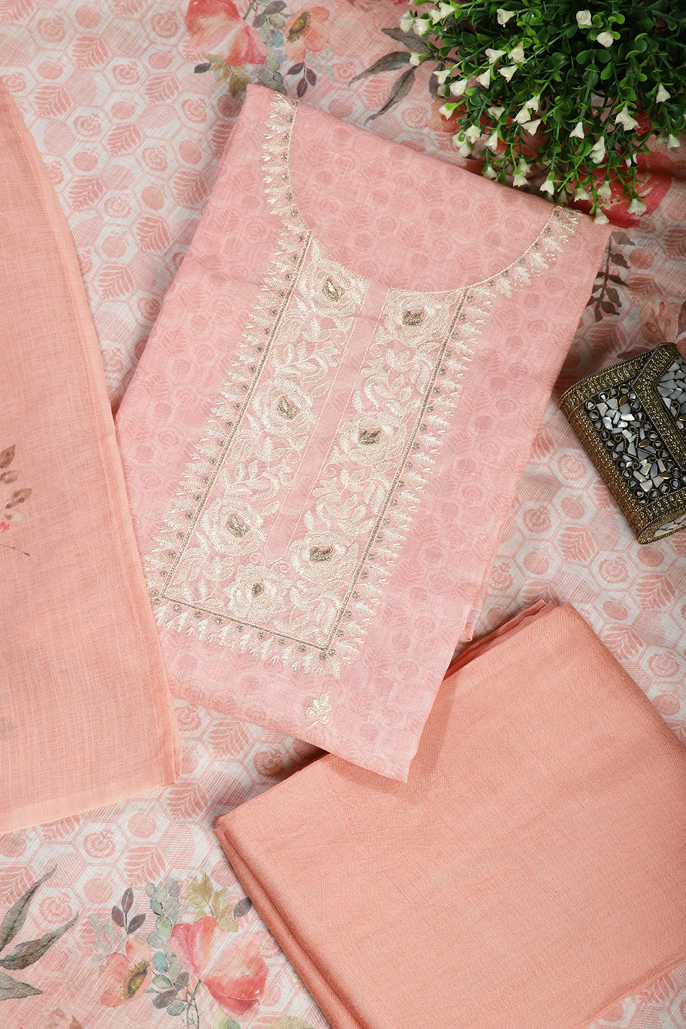 Gajari Color Linen Embroidery Self Print Unstitched Suit Material