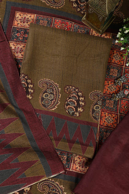 Olive Green Spun Printed Unstitched Suit