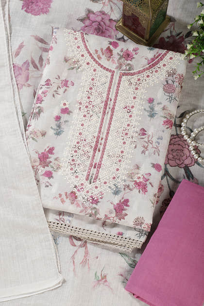 Cream & Pink Chanderi Cotton Floral Printed And Embroidered Unstitched Suit