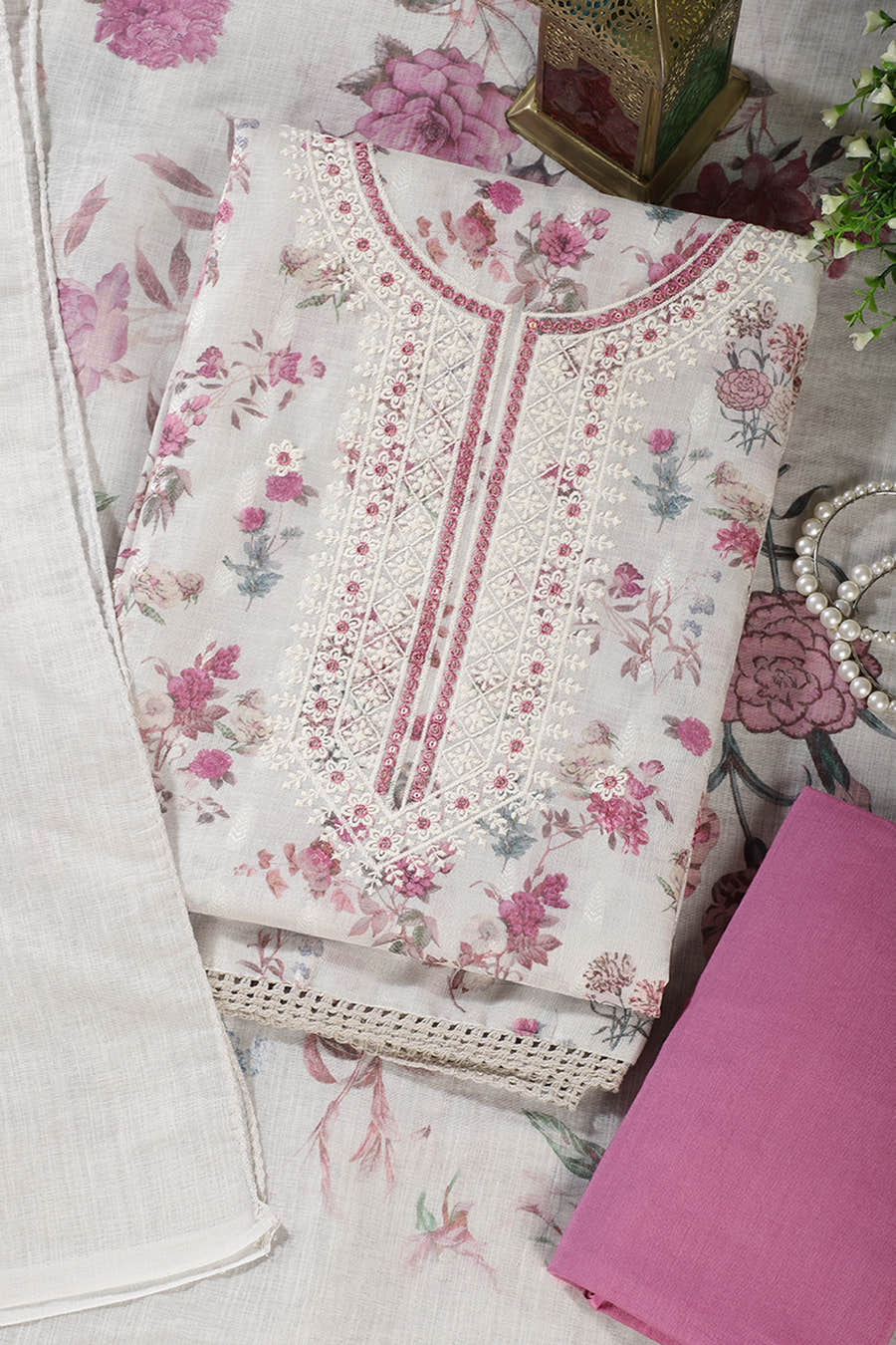 Cream & Pink Chanderi Cotton Floral Printed And Embroidered Unstitched Suit