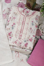Cream & Pink Chanderi Cotton Floral Printed And Embroidered Unstitched Suit