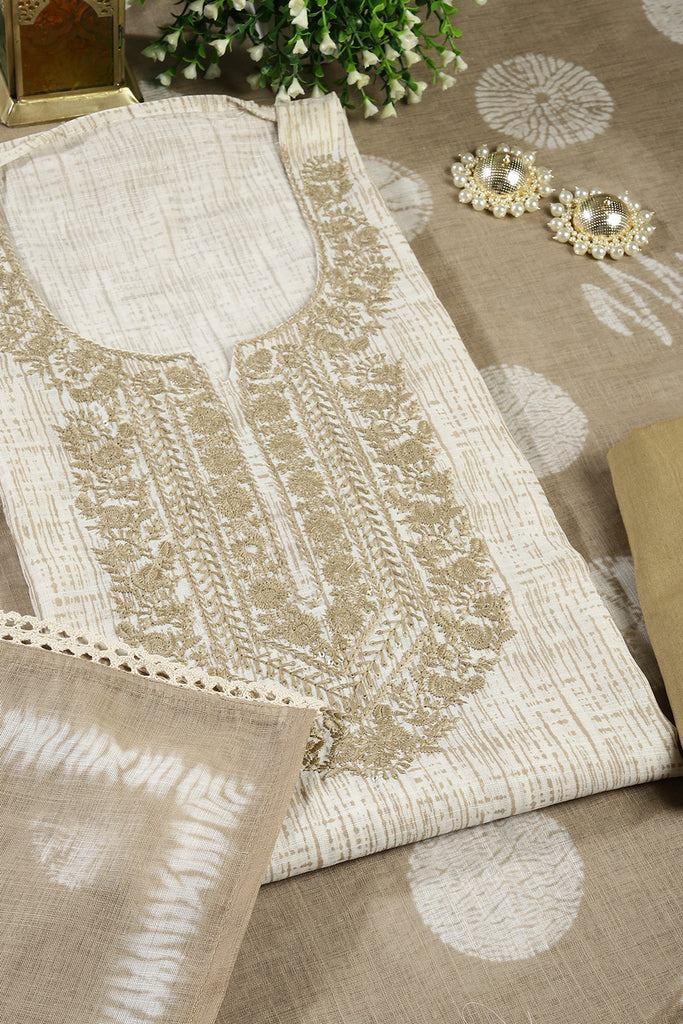 Cream Colour Cotton Printed & Resham Neck Embroidered Unstitched Suit