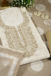 Cream Colour Cotton Printed & Resham Neck Embroidered Unstitched Suit