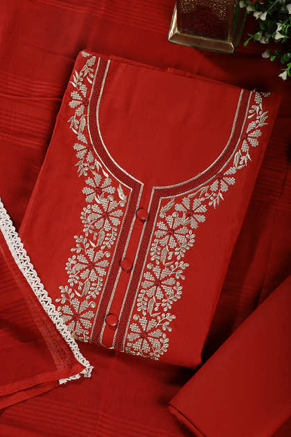 Rust Red Cotton Resham Embroidered Unstitched Suit