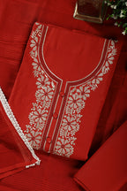 Rust Red Cotton Resham Embroidered Unstitched Suit
