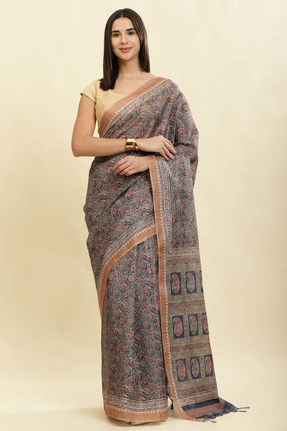 Navy Cotton Silk Floral Boota Printed Saree