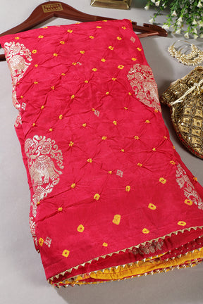 Fushia Pink Color Bandhej Modal Silk Zari Woven Saree