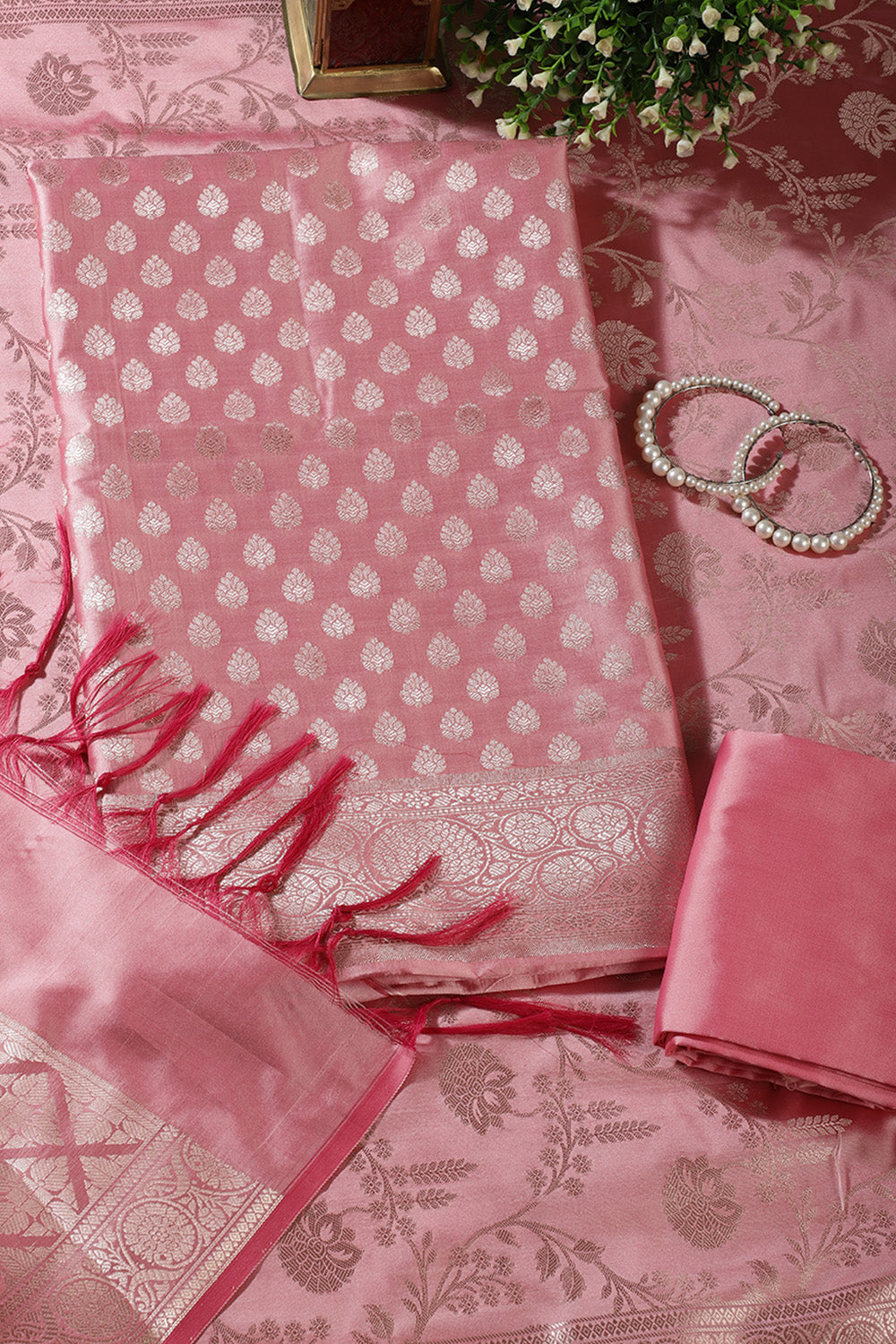 Pink Silk Buta Motifs Woven Unstitched Suit Fabric
