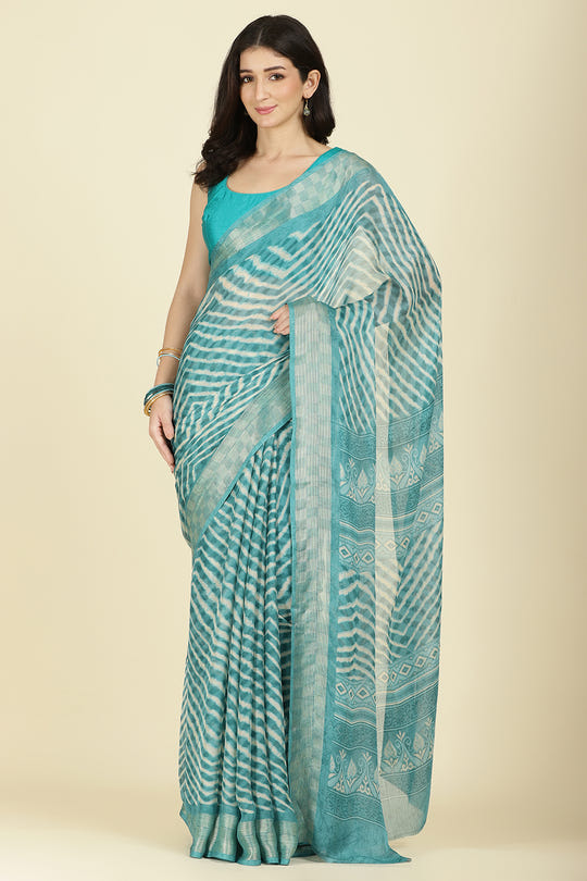 Firozi Color Chiffon Leheriya Printed Saree