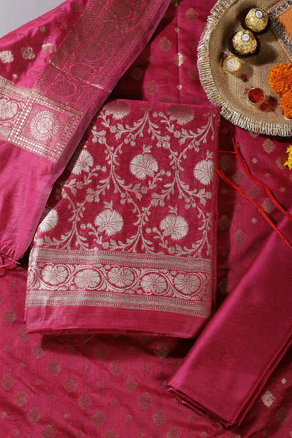 Magenta Pink Colour Zari Woven Silk Unstitched Suit Fabric