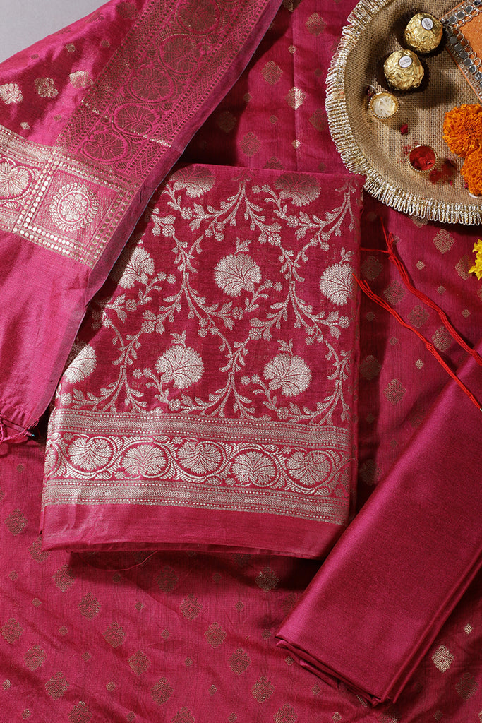 Magenta Pink Colour Zari Woven Silk Unstitched Suit Fabric