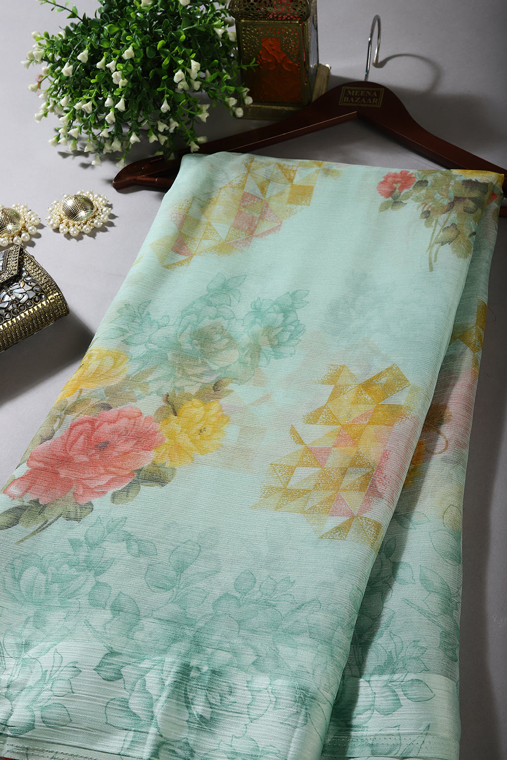 Mint Green Color Floral Printed Chiffon Saree