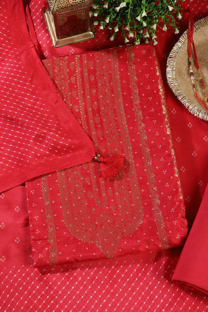 Red Zari Woven And Bandhani Printed Silk Unstitched Suit Fabric